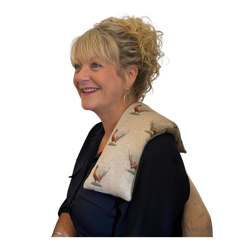 Microwavable Duo Wheatbag Lavender Scented Pheasant on model's shoulder