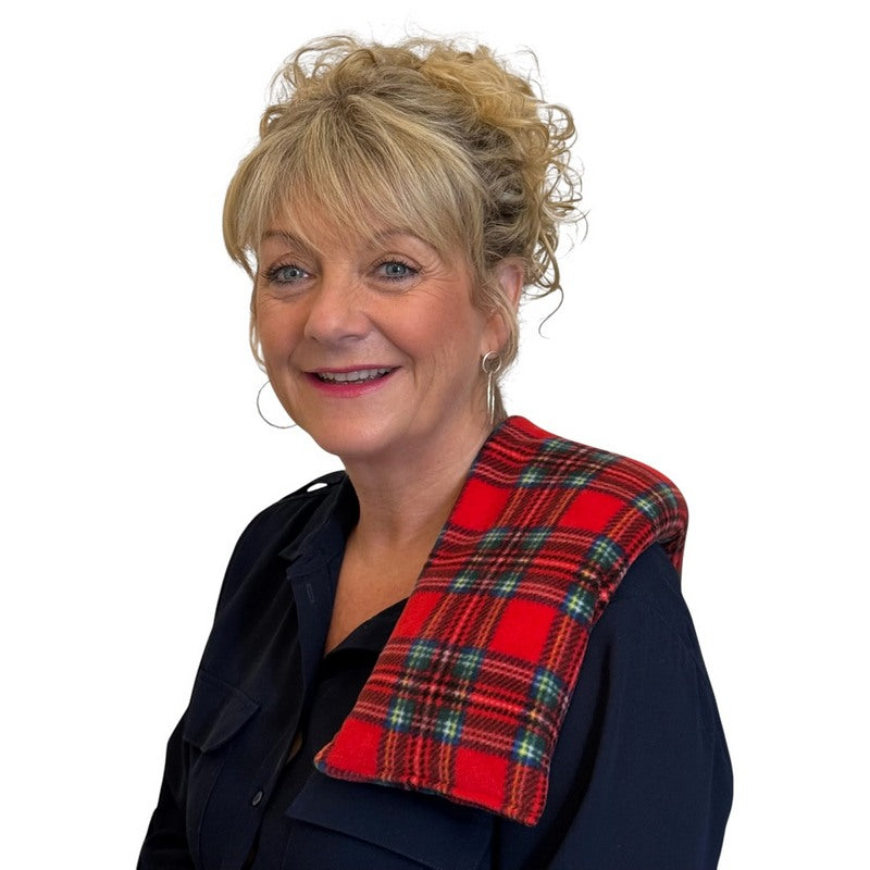 Microwavable Fleece Wheatbag Lavender Scented Red Tartan on model's shoulder