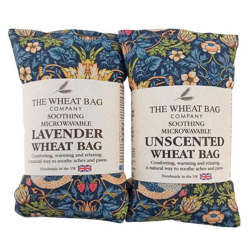 Microwavable Lavender Scented Wheatbag Strawberry Thief Navy in packaging