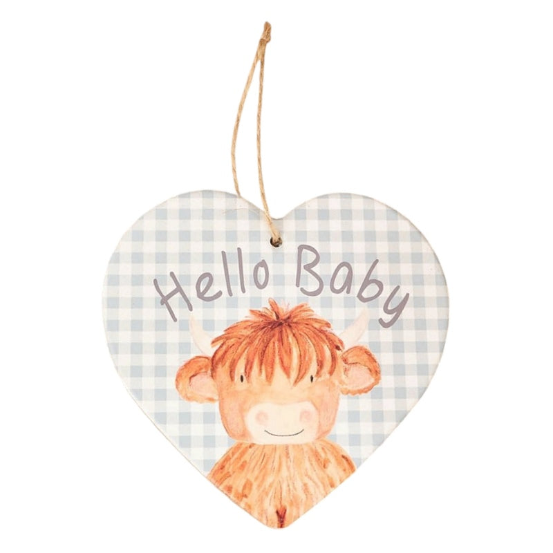Mini Farm Hugo Highland Coo Hello Baby Ceramic Heart Hanger 7MF230 Blue front