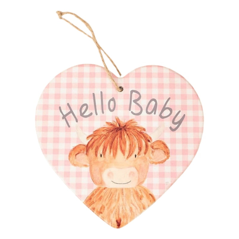 Mini Farm Rosie Highland Coo Hello Baby Ceramic Heart Hanger 7MF231 Pink front