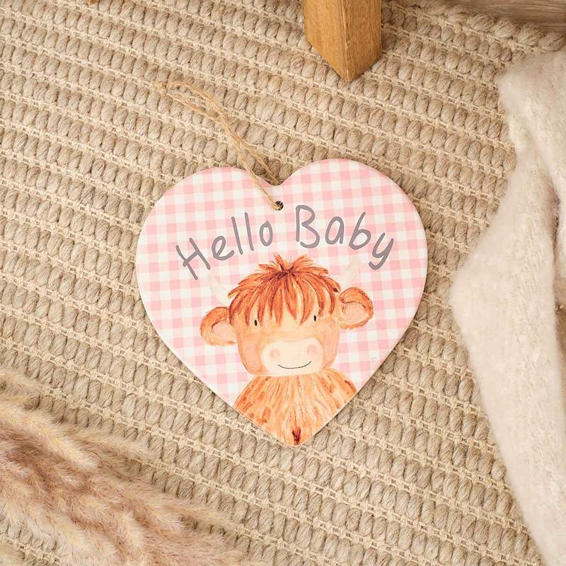 Mini Farm Rosie Highland Coo Hello Baby Ceramic Heart Hanger 7MF231 Pink lifestyle