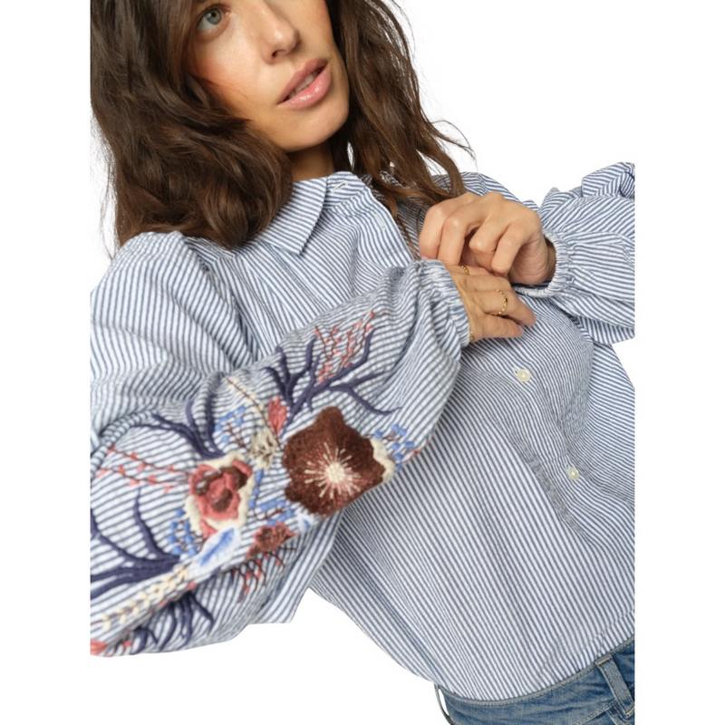 Mos Mosh Clothing Ciu Oxfo Shirt in Crown Blue on model close-up