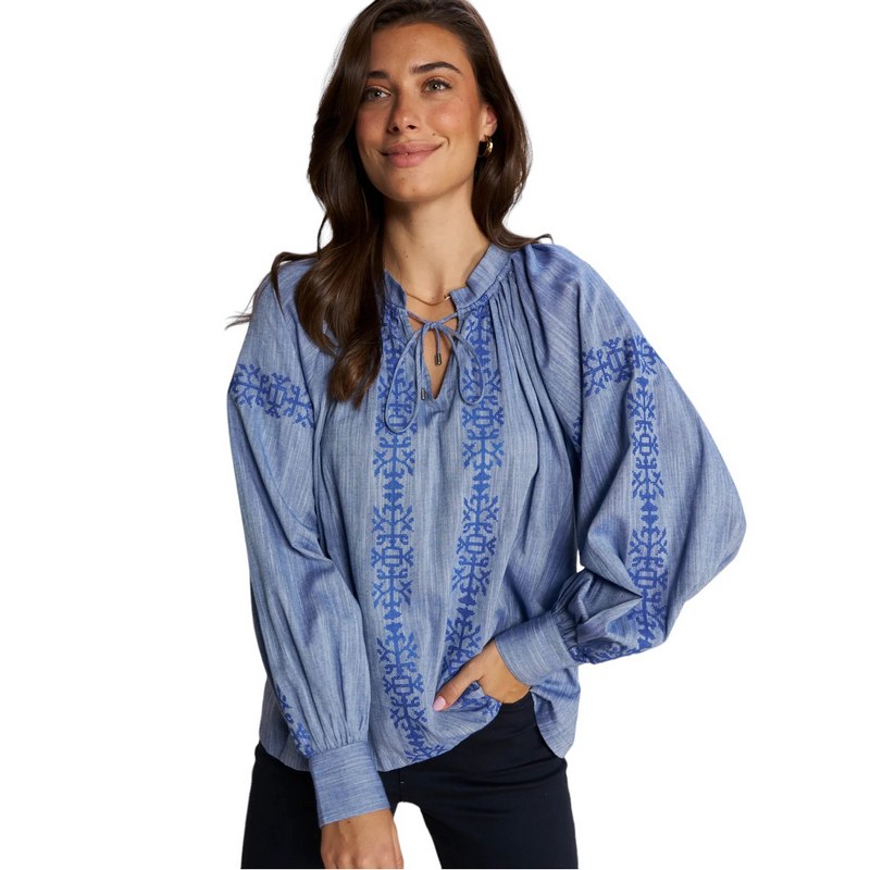 Mos Mosh Tessa Embroidery Shirt Blue Shadow 159750-765 on model front