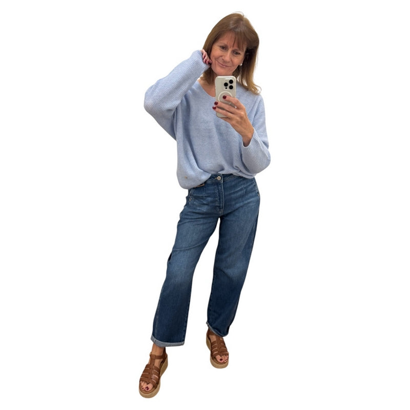 Mos Mosh Thora V-Neck Jumper Cashmere Blue on model selfie 1