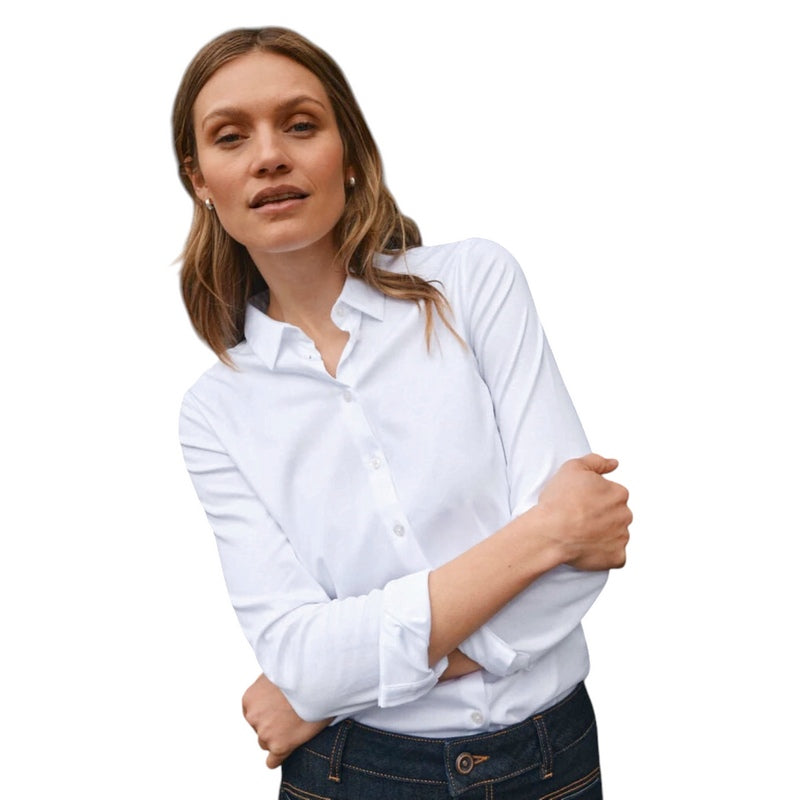 Mos Mosh Tina Jersey White Shirt on model close-up