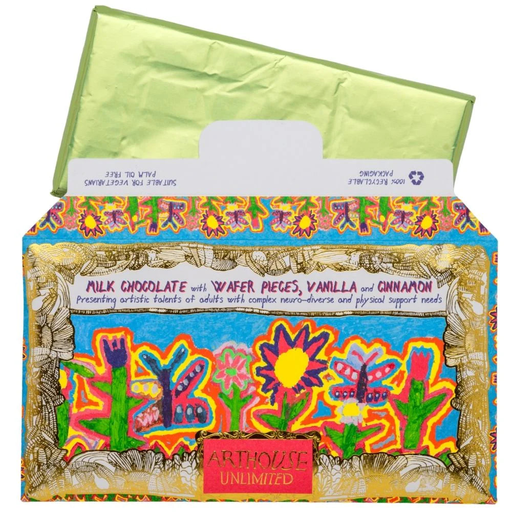 Most Beautiful Garden Milk Chocolate Bar with Wafer Pieces Vanilla & Cinnamon open