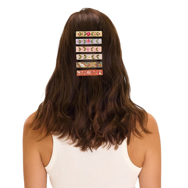 Narrow Jewelled Hair Bar Tangerine Floral Vines and Teal Festival 2 Pack BAR20 on model