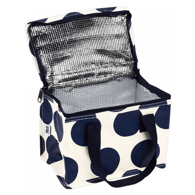 Navy Spot On White Insulated Lunch Bag 29845 open