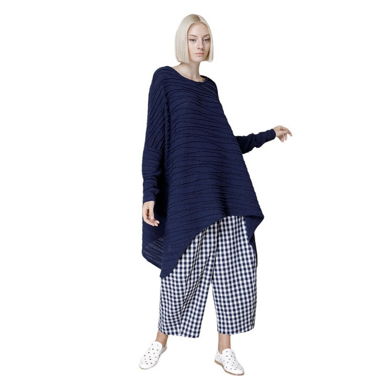 Neirami Clothing Sanremo Elasticated Trousers Navy Check P745SA-NS4-NAVY on model with Flared Blue Sweater