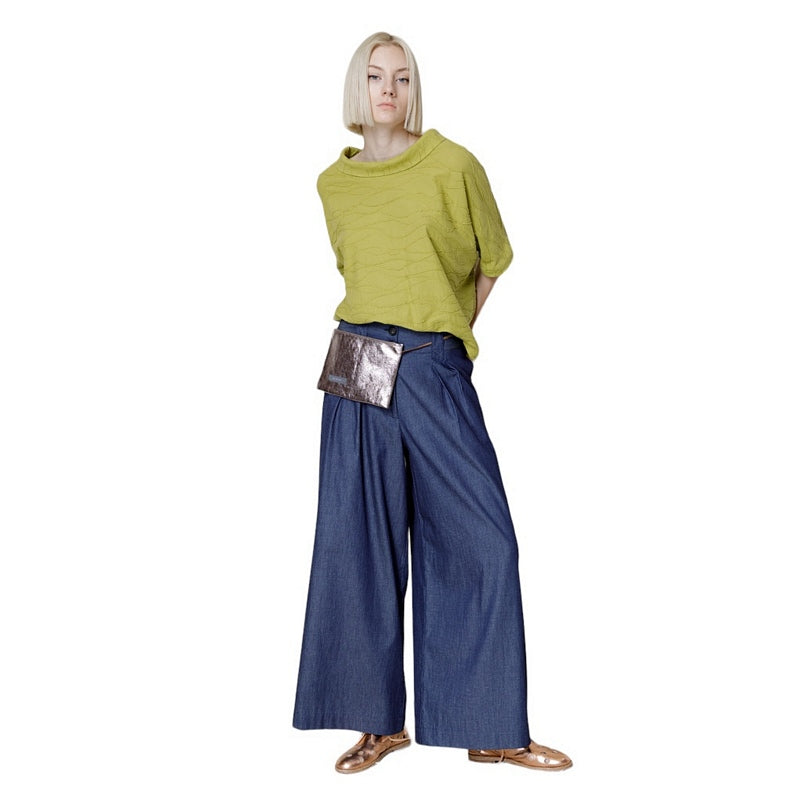 Neirami Trousers Chambray Blue P831CH-NS4-CHAMBRAY on model in green top