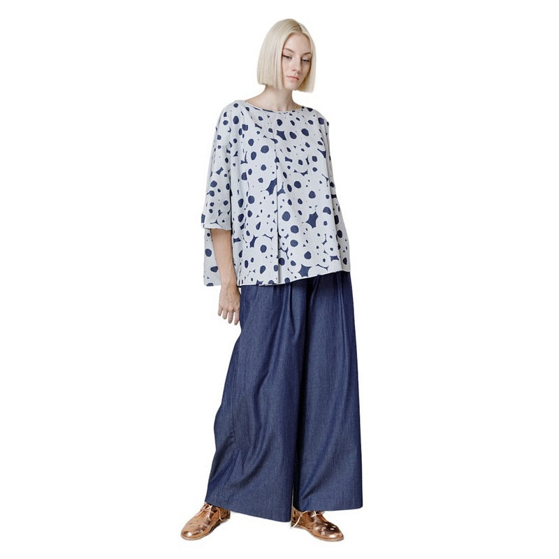 Neirami Trousers Chambray Blue P831CH-NS4-CHAMBRAY on model in spotty blouse