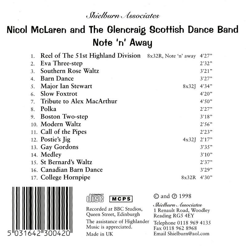 Nicol McLaren and The Glencraig Scottish Dance Band - Note 'N' Away SHIELCD004 track list
