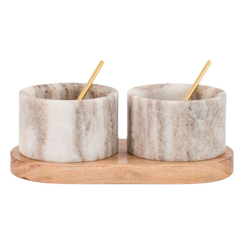 Novi Spoon and Beige Marble Pinch Pots on Wooden Tray Front