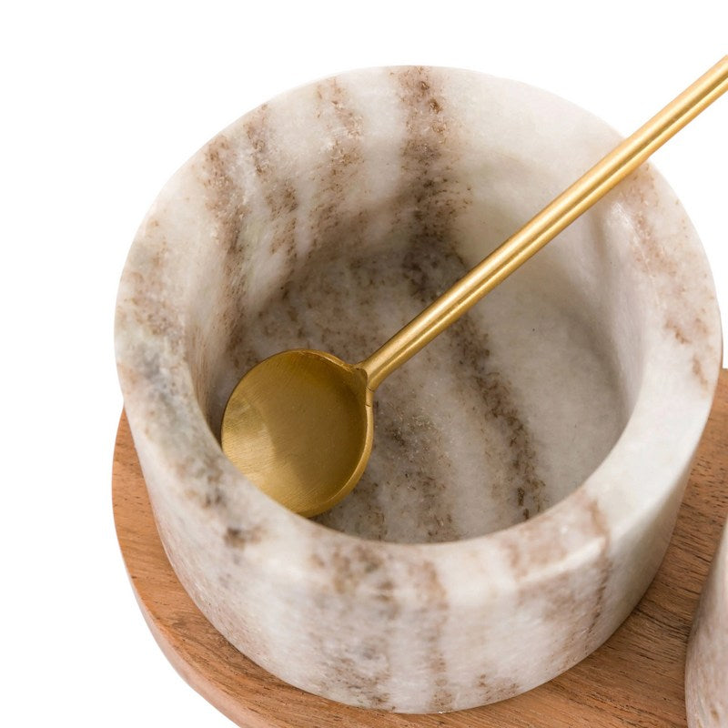 Novi Spoon and Beige Marble Pinch Pots on Wooden Tray inside