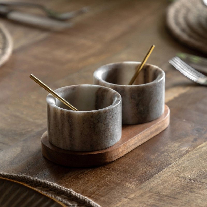 Novi Spoon and Beige Marble Pinch Pots on Wooden Tray lifestyle