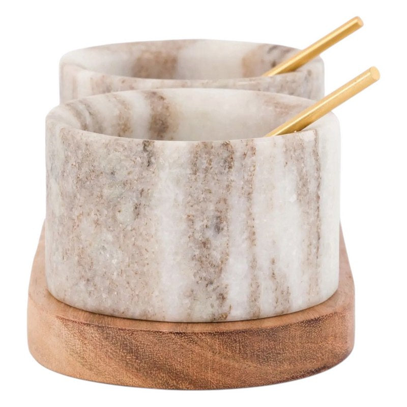 Novi Spoon and Beige Marble Pinch Pots on Wooden Tray side