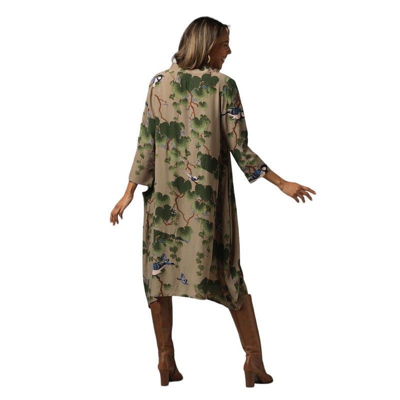 One Hundred Stars Asymmetric Dress in Stone with Acer Print DRAACRSTO on model back