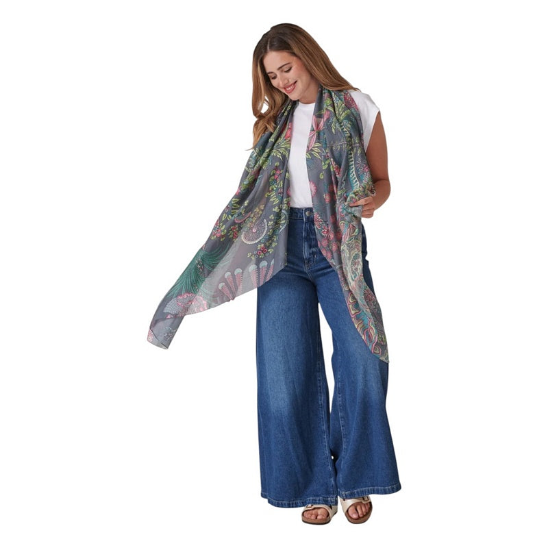 One Hundred Stars Boho Garden Scarf Grey on model 2