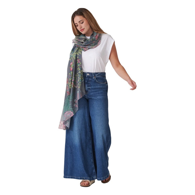 One Hundred Stars Boho Garden Scarf Grey on model 3