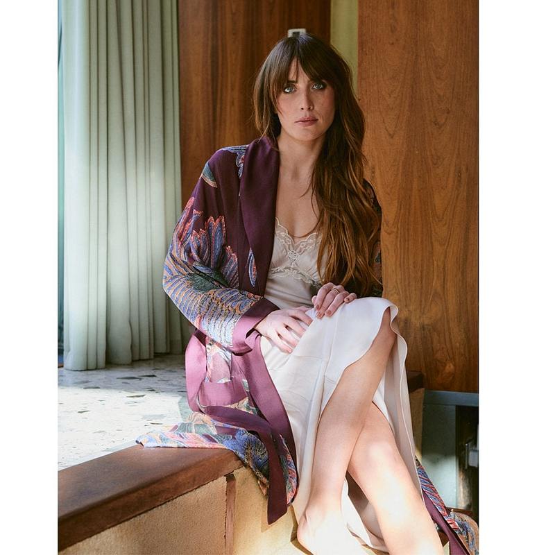 One Hundred Stars Crane Plum Gown on model lifestyle sitting