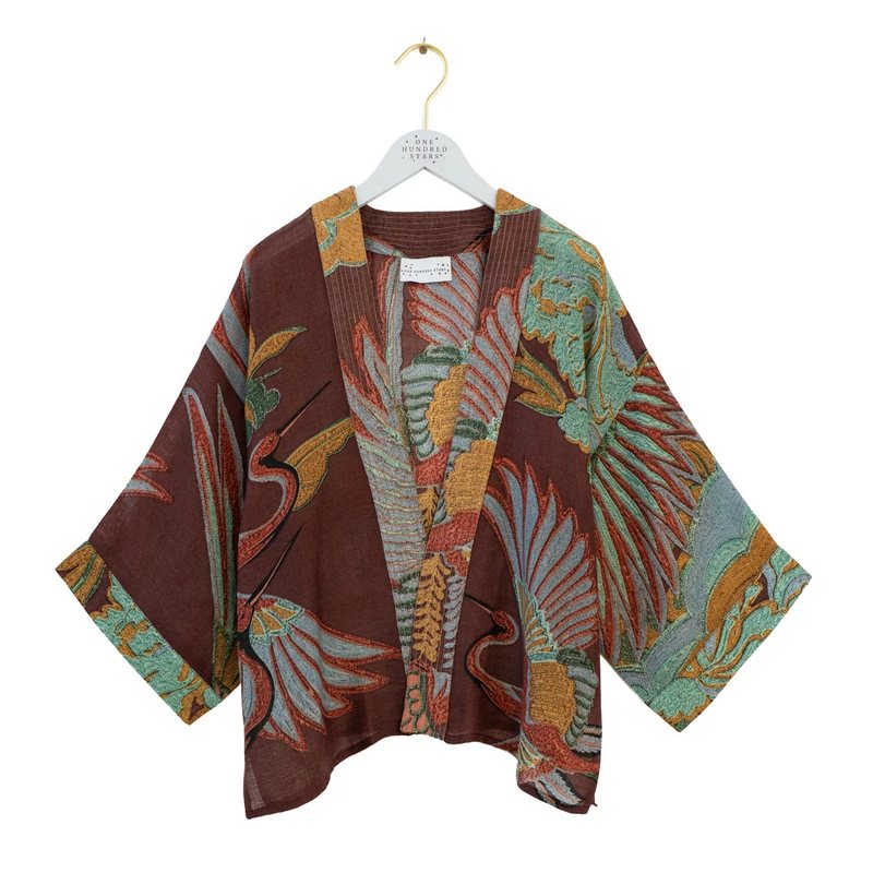 One Hundred Stars Crane Wool Kimono Brown WKMCRABWN on hanger