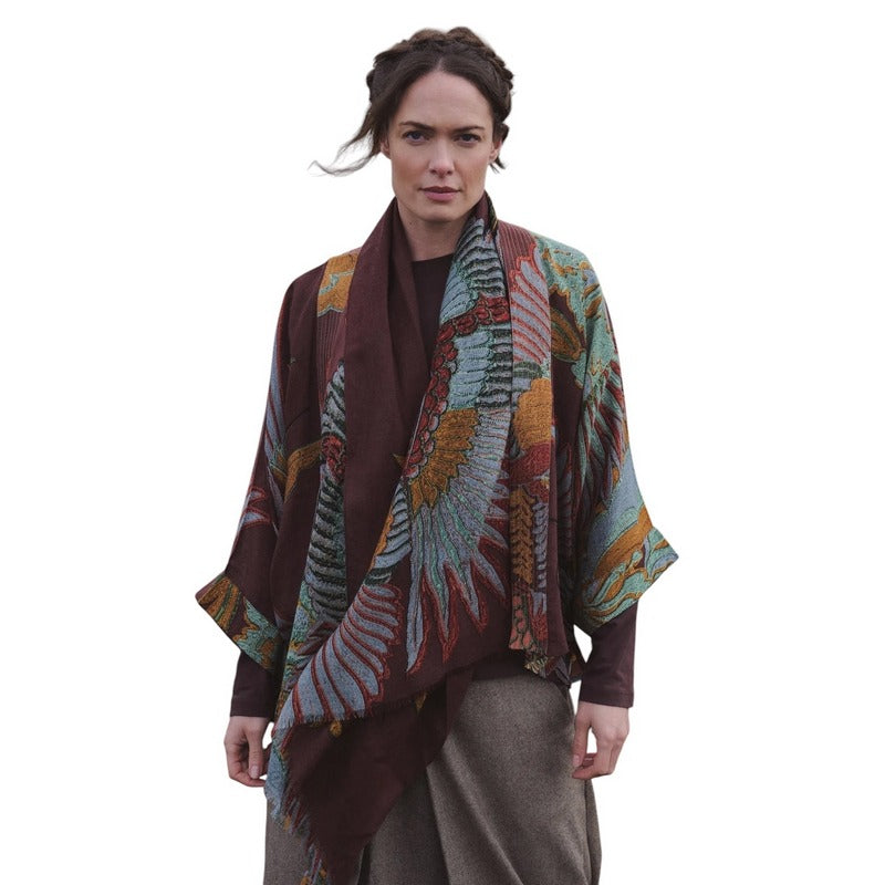 One Hundred Stars Crane Wool Kimono Brown WKMCRABWN on model front