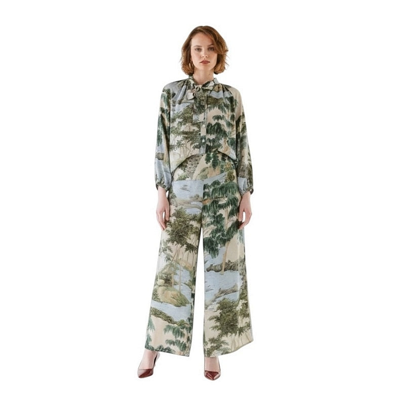 One Hundred Stars Crepe Palazzo Pants Rivers and Trees Natural on model front