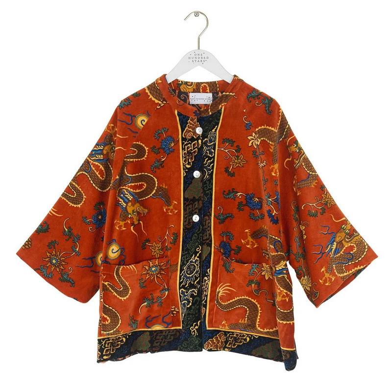 One Hundred Stars Dragon Rust Velvet Jacket on hanger