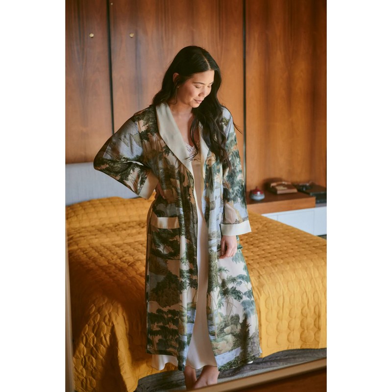 One Hundred Stars Dressing Gown Rivers and Trees Natural on model lifestyle
