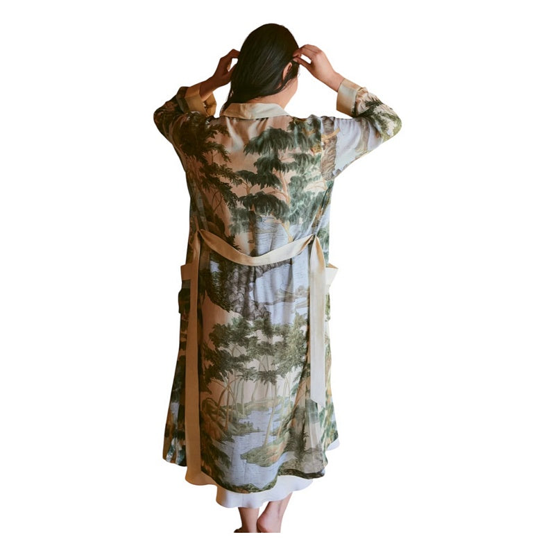 One Hundred Stars Dressing Gown Rivers and Trees Natural on model rear