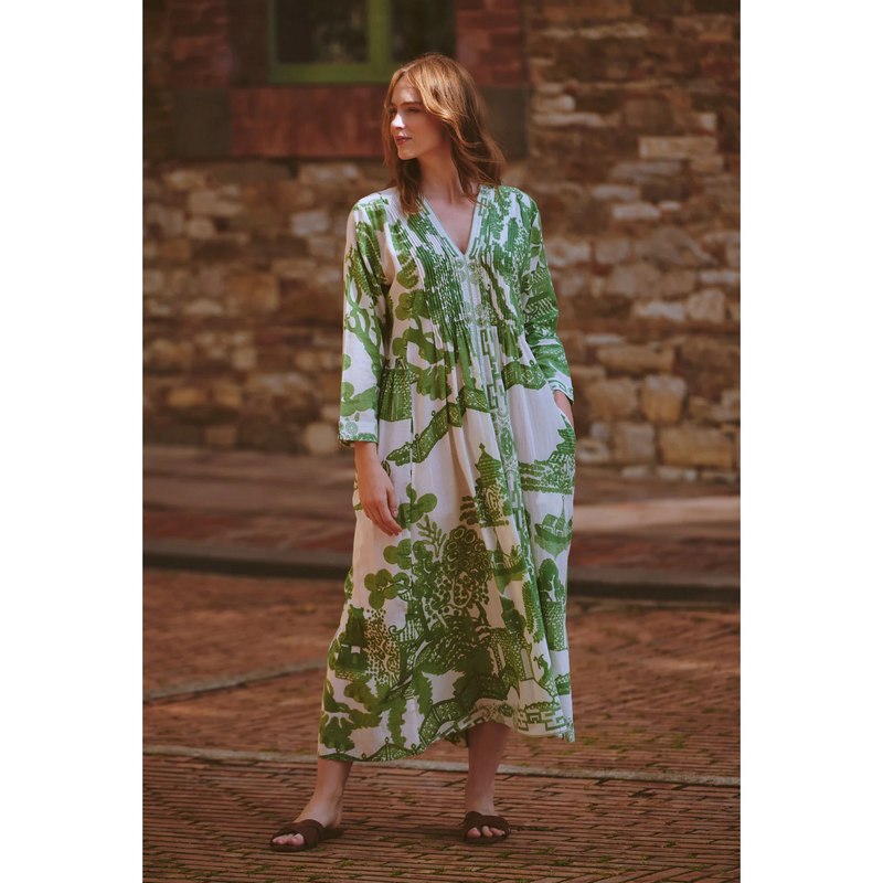 One Hundred Stars Giant Willow Green Pinch Pleat Dress on model lifestyle front