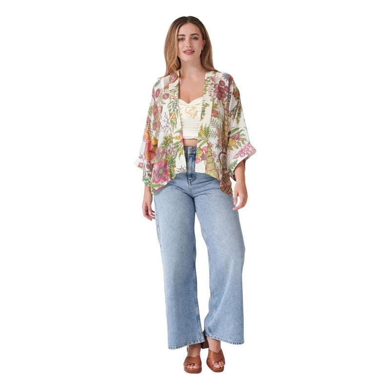 One Hundred Stars Kimono Boho Garden Ecru on model front