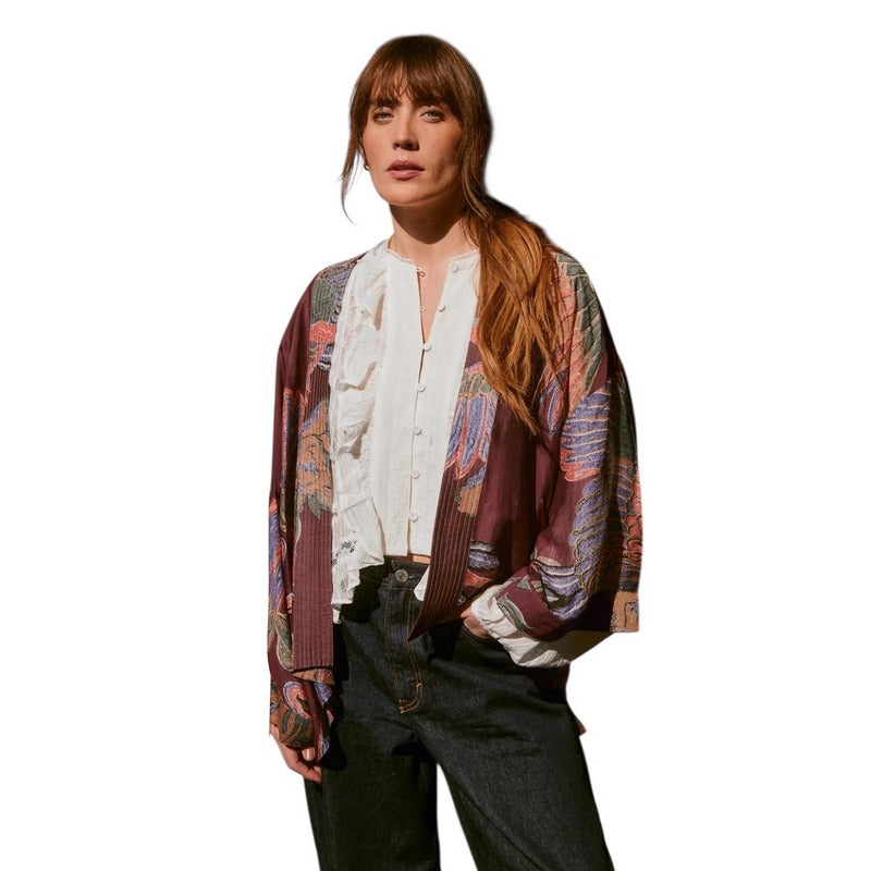 One Hundred Stars Kimono Crane Plum on model front