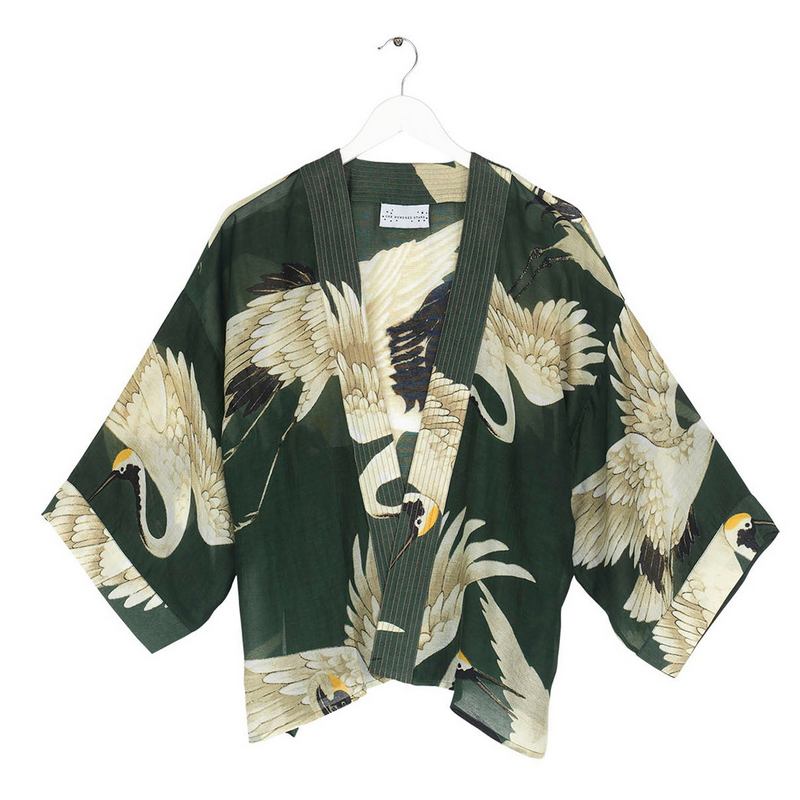 One Hundred Stars Kimono Forest Green with Stork Print KIMSTOFOR front