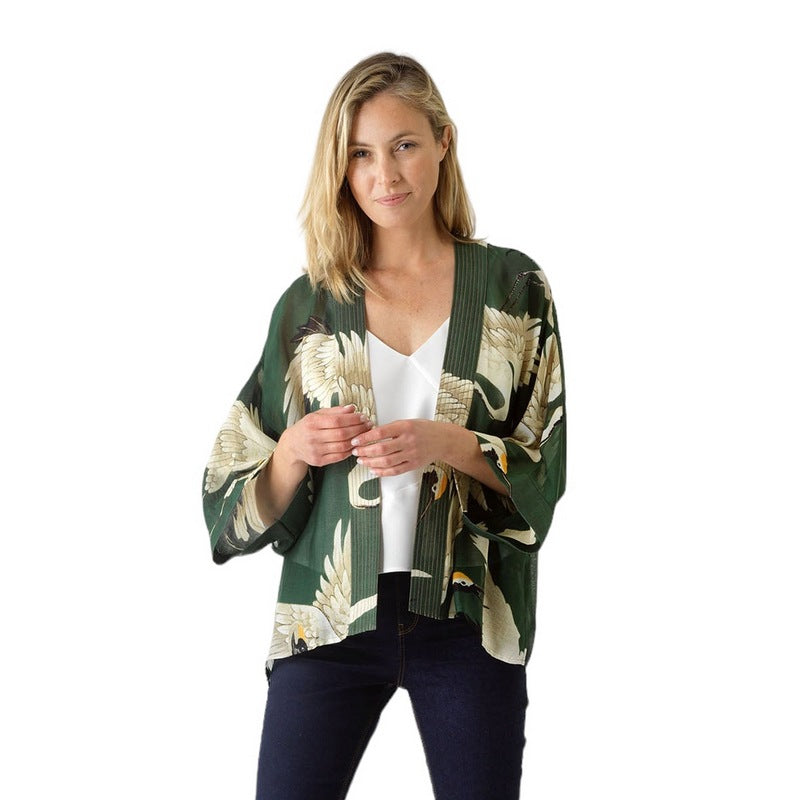 One Hundred Stars Kimono Forest Green with Stork Print KIMSTOFOR on model front
