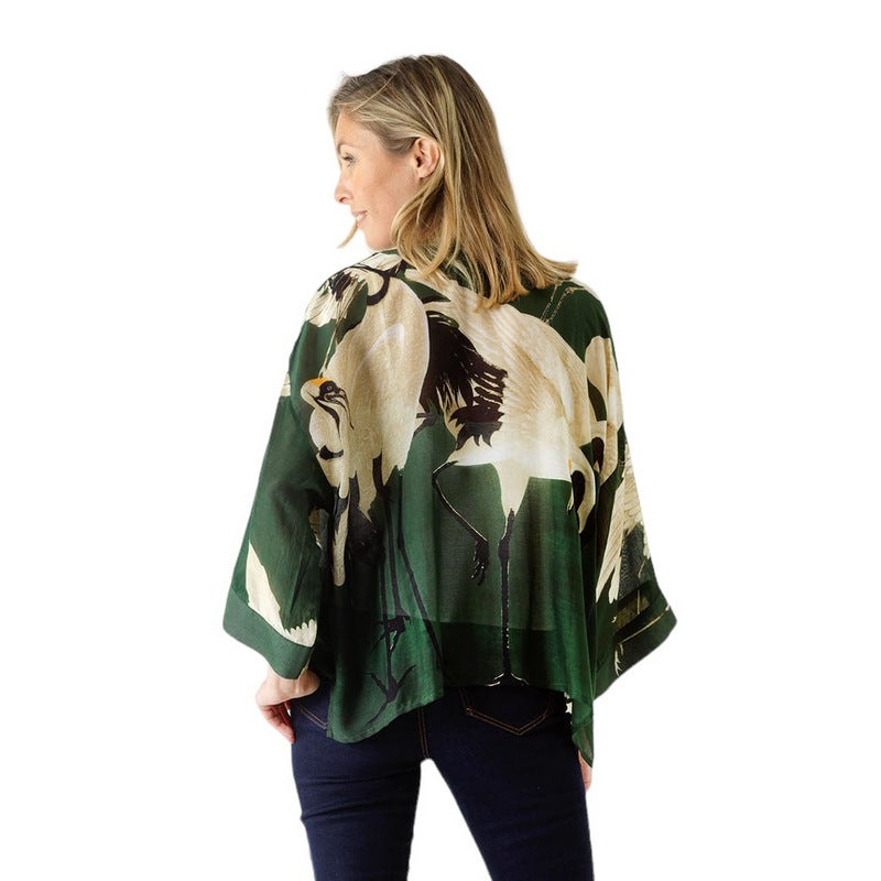 One Hundred Stars Kimono Forest Green with Stork Print KIMSTOFOR on model back