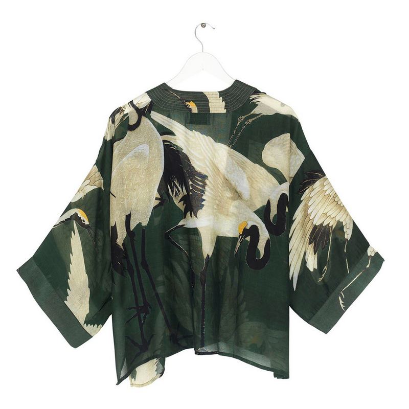 One Hundred Stars Kimono Forest Green with Stork Print KIMSTOFOR back