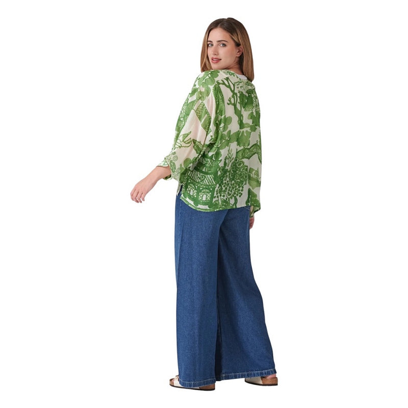 One Hundred Stars Kimono Giant Willow Green on model 1 rear