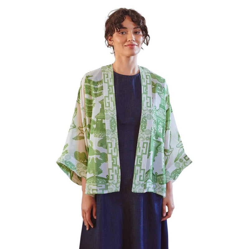 One Hundred Stars Kimono Giant Willow Green on model 2 front