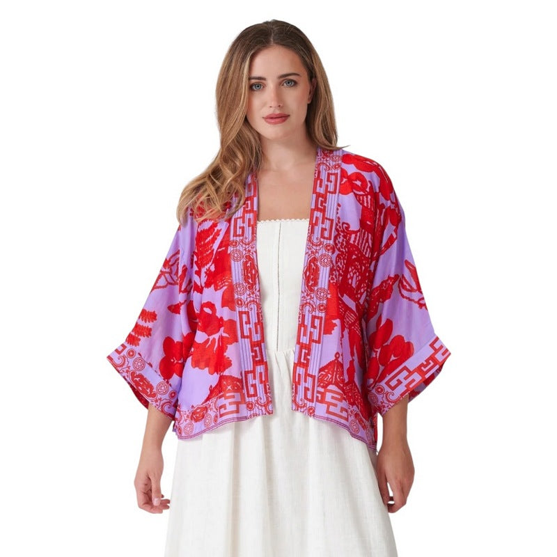 One Hundred Stars Kimono Giant Willow Violet on model close-up