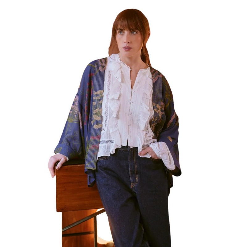 One Hundred Stars Kimono Parsley Seed Navy on model front
