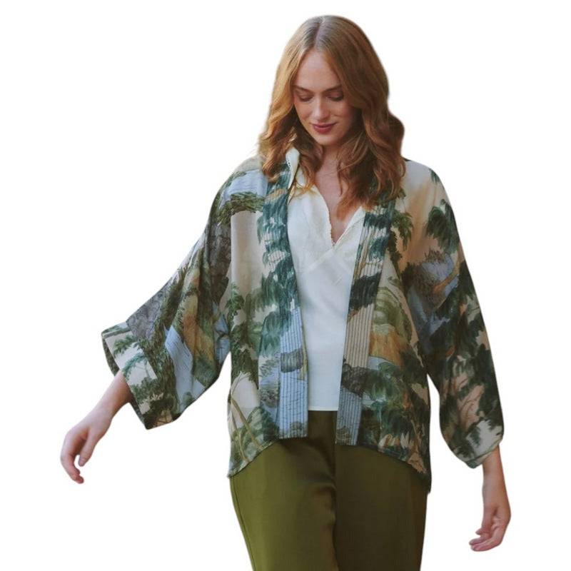 One Hundred Stars Kimono Rivers and Trees Natural on model front 2