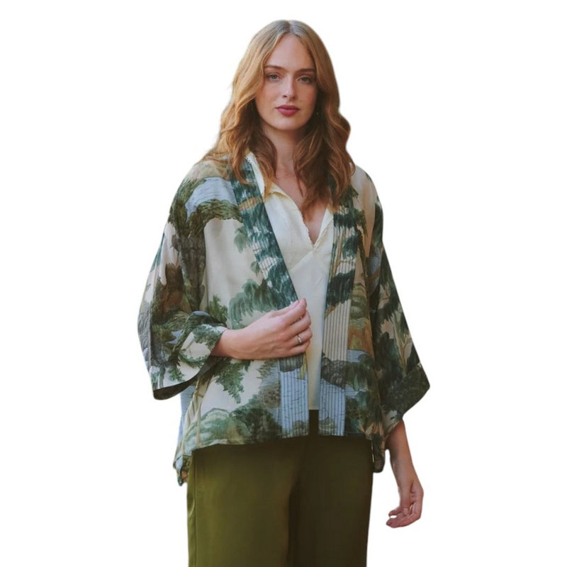 One Hundred Stars Kimono Rivers and Trees Natural on model front 1