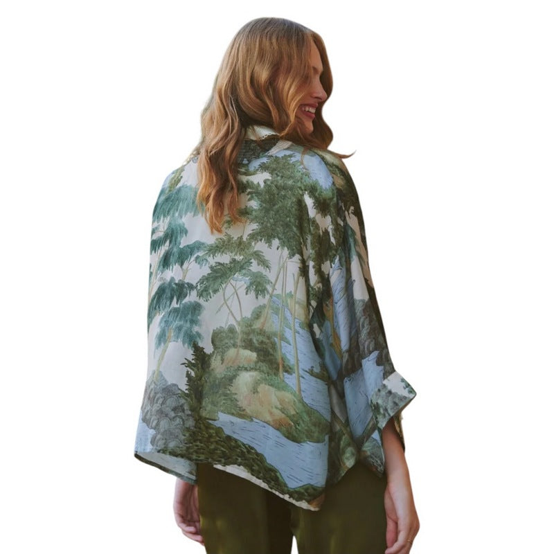 One Hundred Stars Kimono Rivers and Trees Natural on model rear