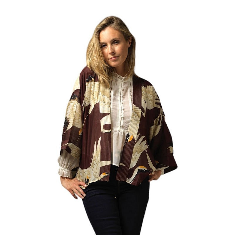 One Hundred Stars Kimono Stork Burgundy KIMSTOBUR on model front