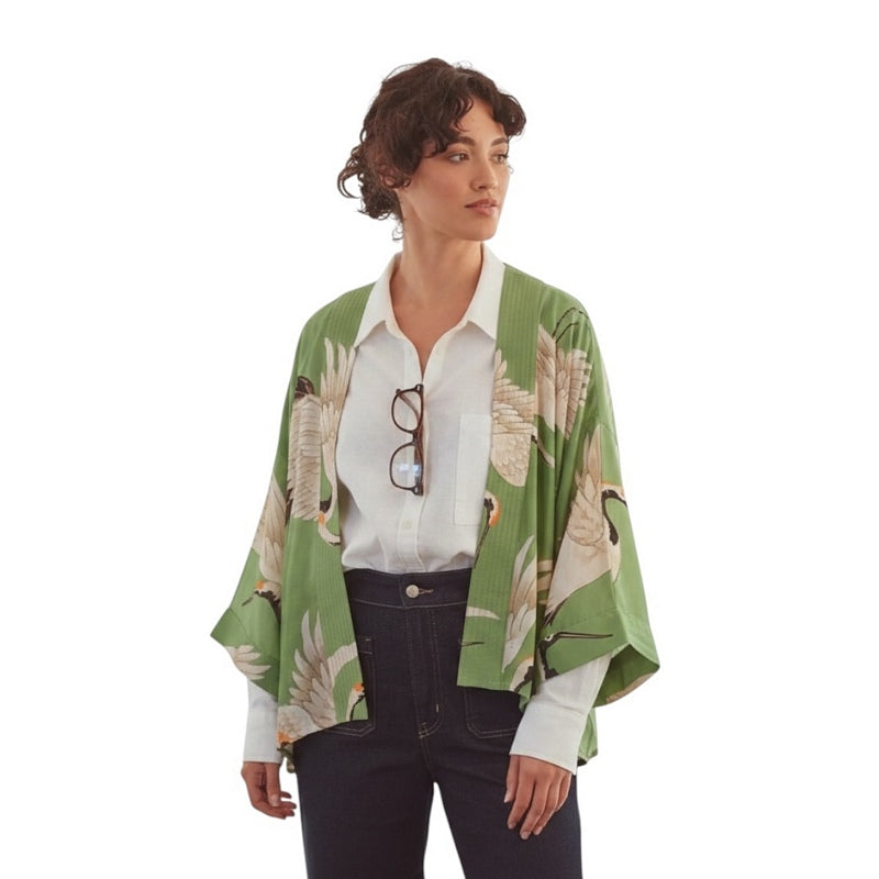 One Hundred Stars Kimono Stork Pea Green on model front