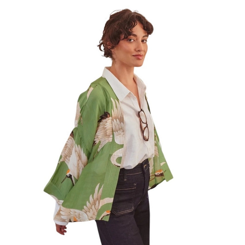 One Hundred Stars Kimono Stork Pea Green on model side