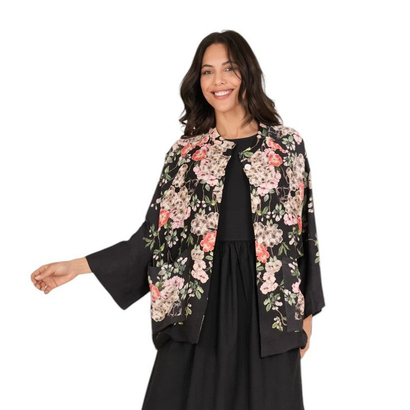 One Hundred Stars Linen Jacket Trailing Blossom Black LINTRABLK model front 