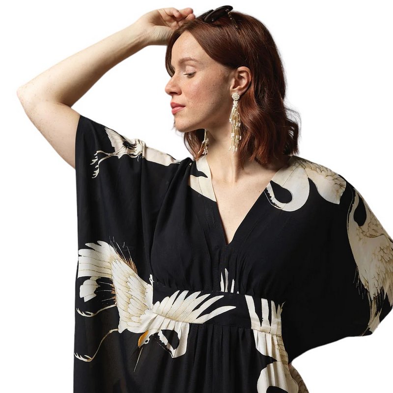 One Hundred Stars Margeux Kaftan Stork Black KAMSTOBLK on model close-up